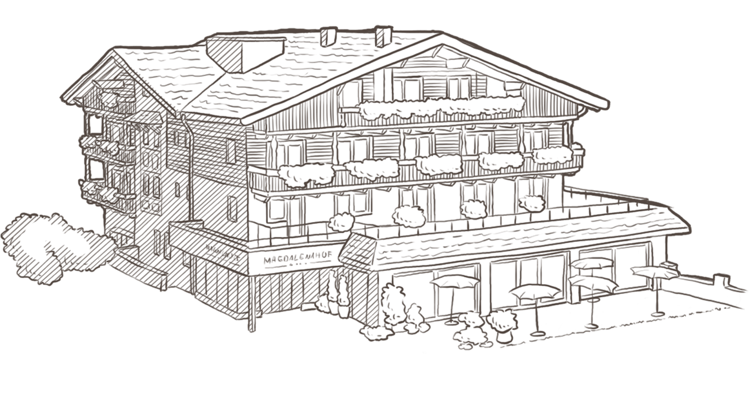 Line drawing of a multi-story chalet-style hotel with balconies, plants, and outdoor seating with umbrellas. - Hotel Magdalenahof