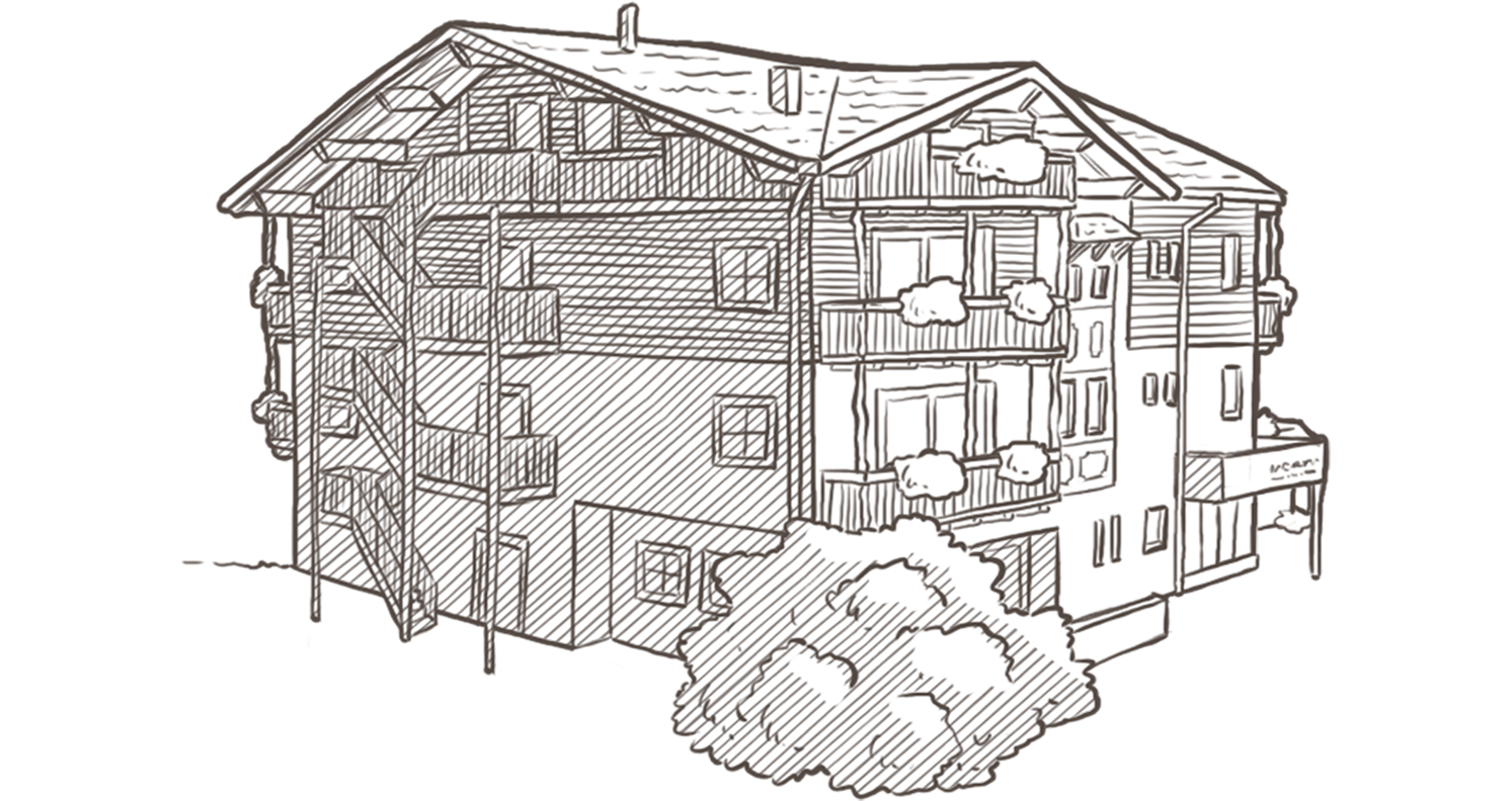 Line drawing of a three-story house with balconies, plants, and a large shrub in front. - Hotel Magdalenahof