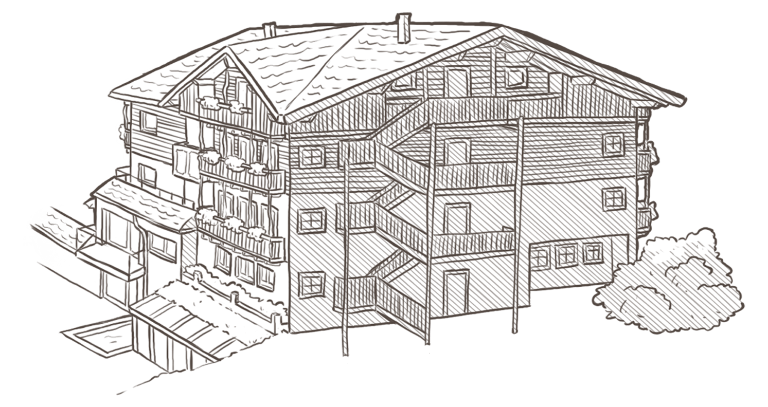 Line drawing of a three-story house with balconies, exterior stairs, and a tree on the right side. - Hotel Magdalenahof