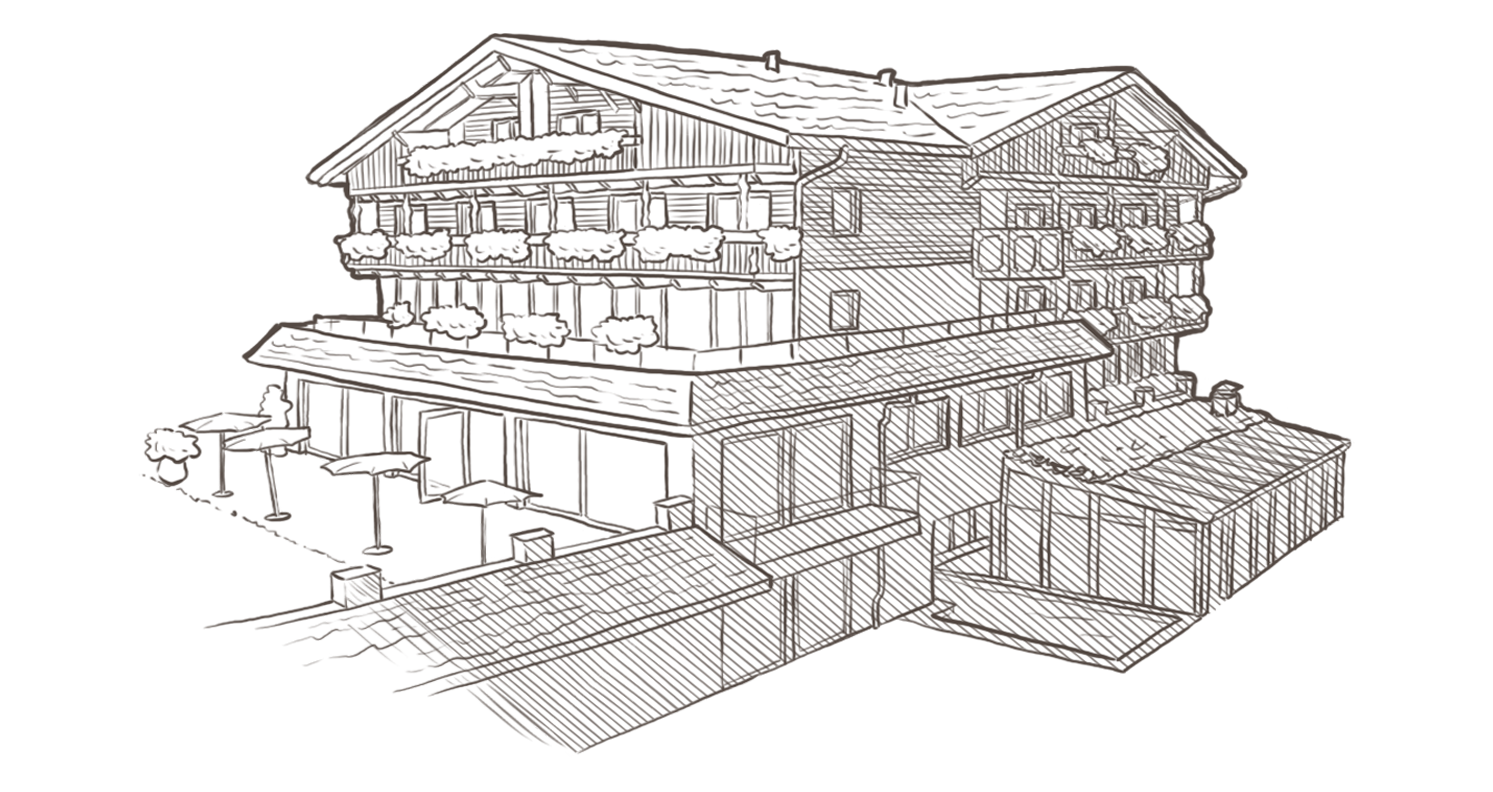 Sketch of a multi-story chalet-style building with balconies, windows, and outdoor patio umbrellas. - Hotel Magdalenahof