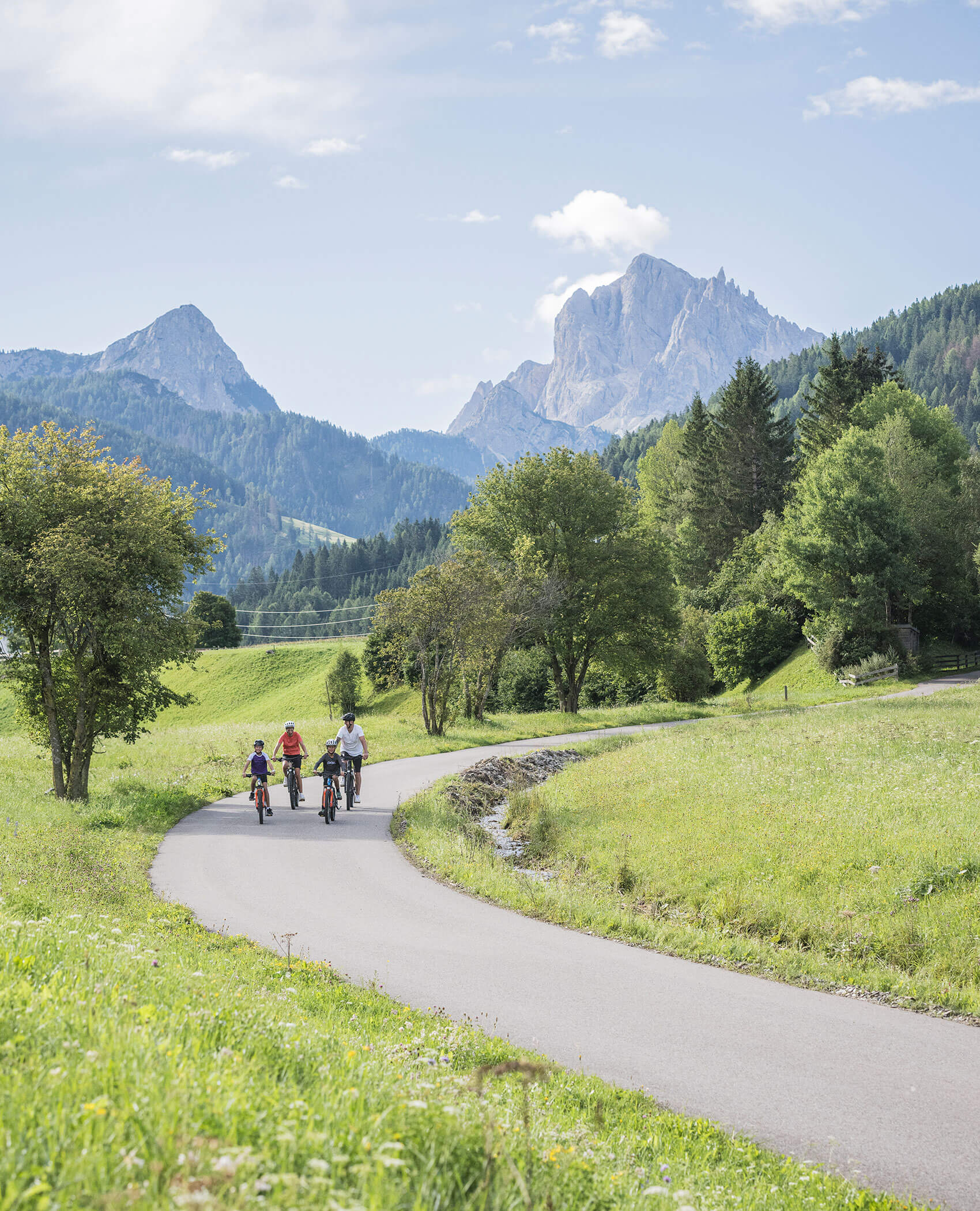 Drei Personen fahren mit dem Fahrrad auf einem gewundenen Weg durch grüne Felder mit Bergen im Hintergrund. - Hotel Magdalenahof