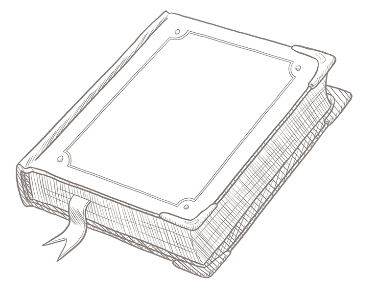 Eine handgezeichnete Skizze eines geschlossenen Buches mit leerem Einband und einem Lesezeichen mit Band. - Hotel Magdalenahof