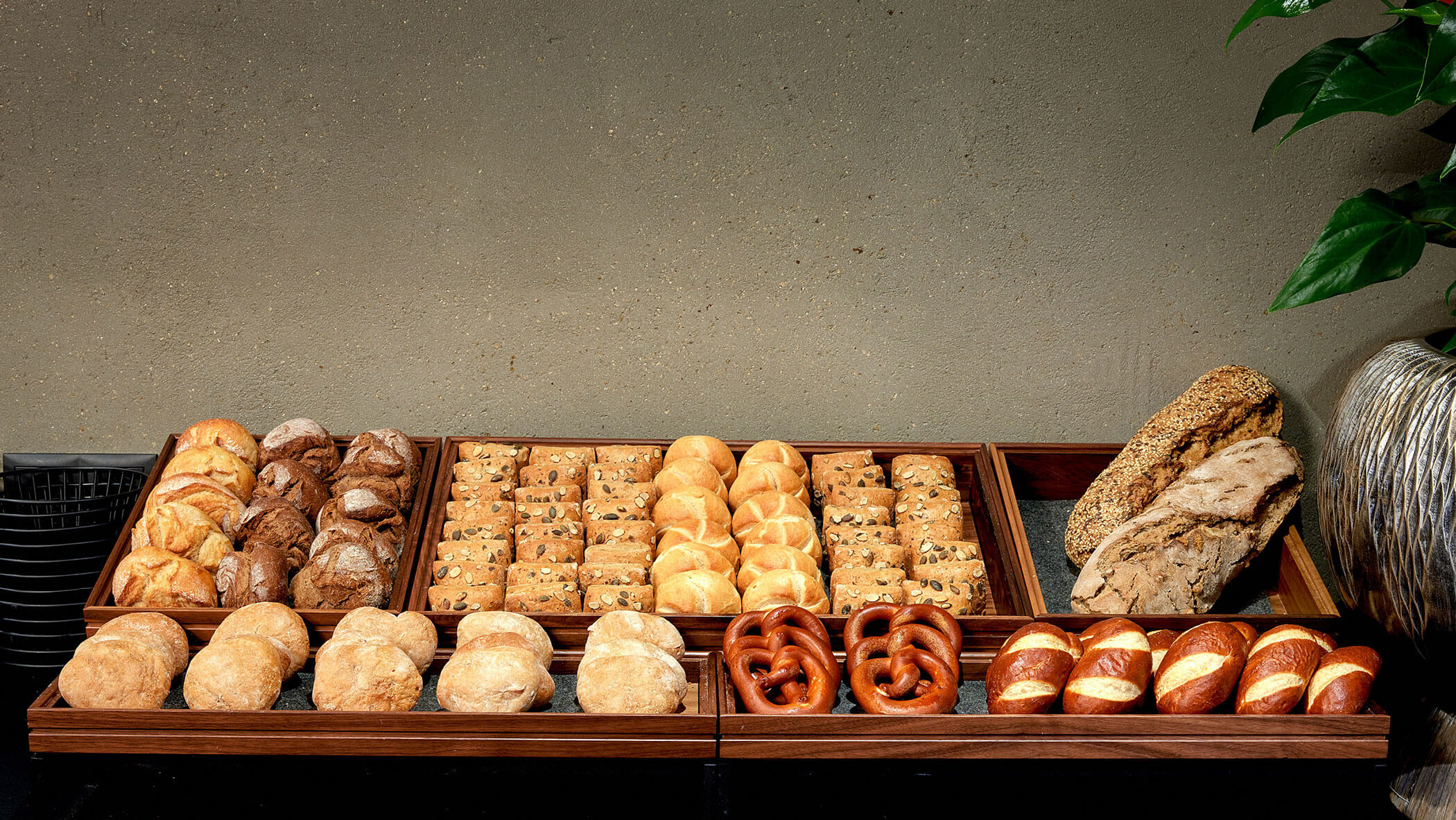Verschiedene Brotsorten und Brötchen, ordentlich in Holzschalen auf einer Theke neben einer Pflanze angeordnet. - Hotel Magdalenahof
