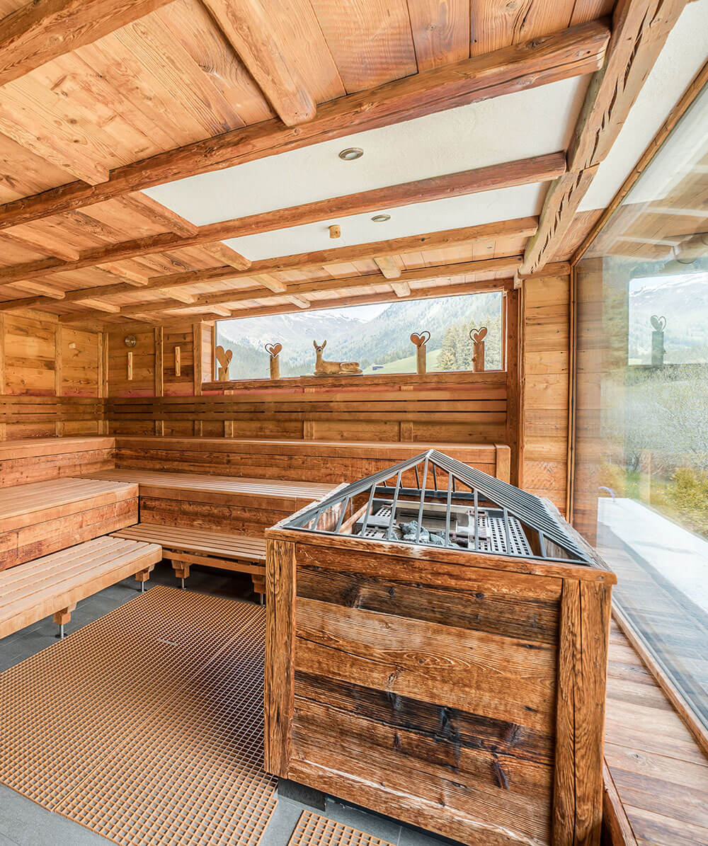 Eine geräumige Holzsauna mit Bänken, einem Ofen und großen Fenstern mit Blick auf die malerischen Berge. - Hotel Magdalenahof
