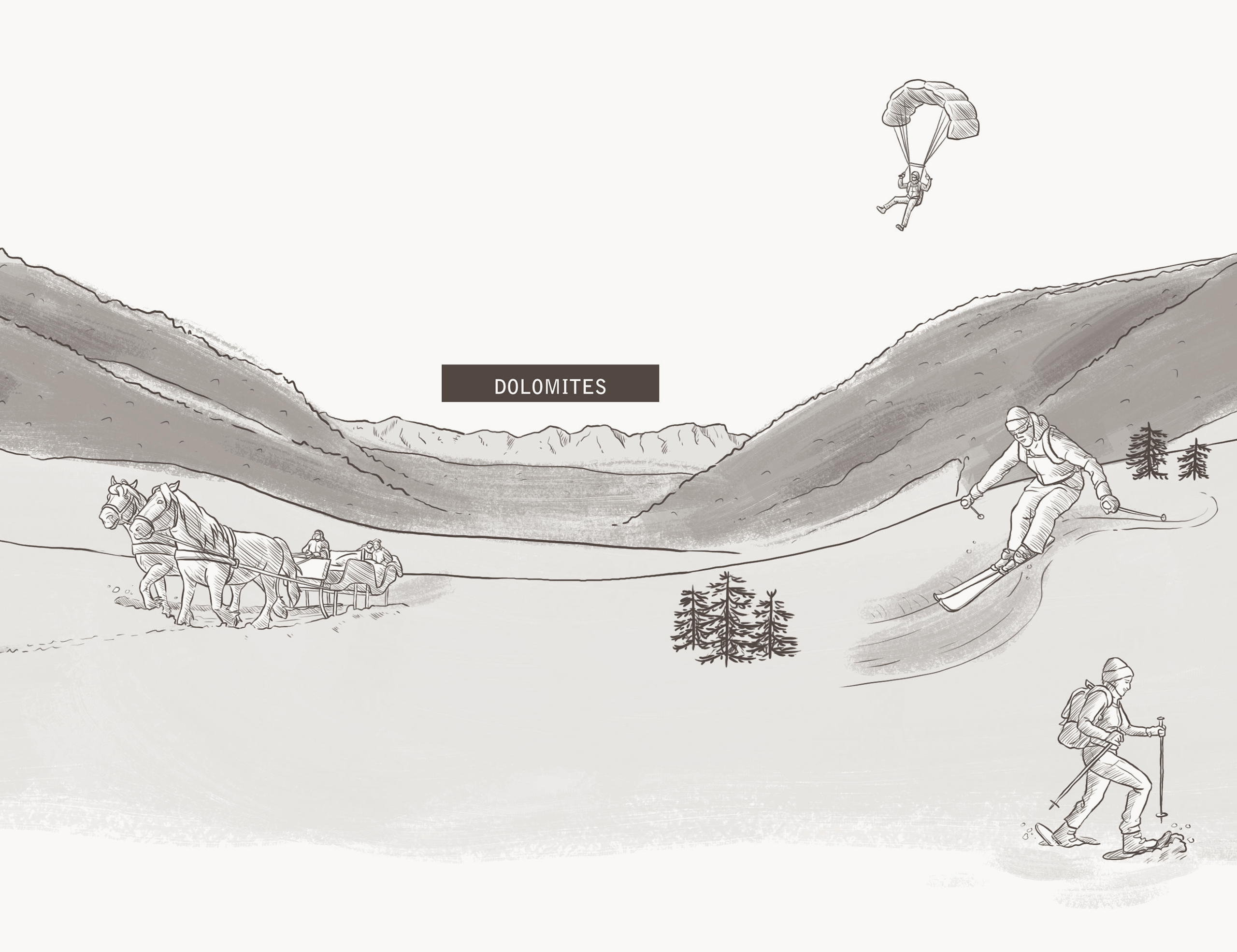 A sketched landscape of the Dolomites with skiers, a horse sleigh, a hiker, and a parachutist. - Hotel Magdalenahof