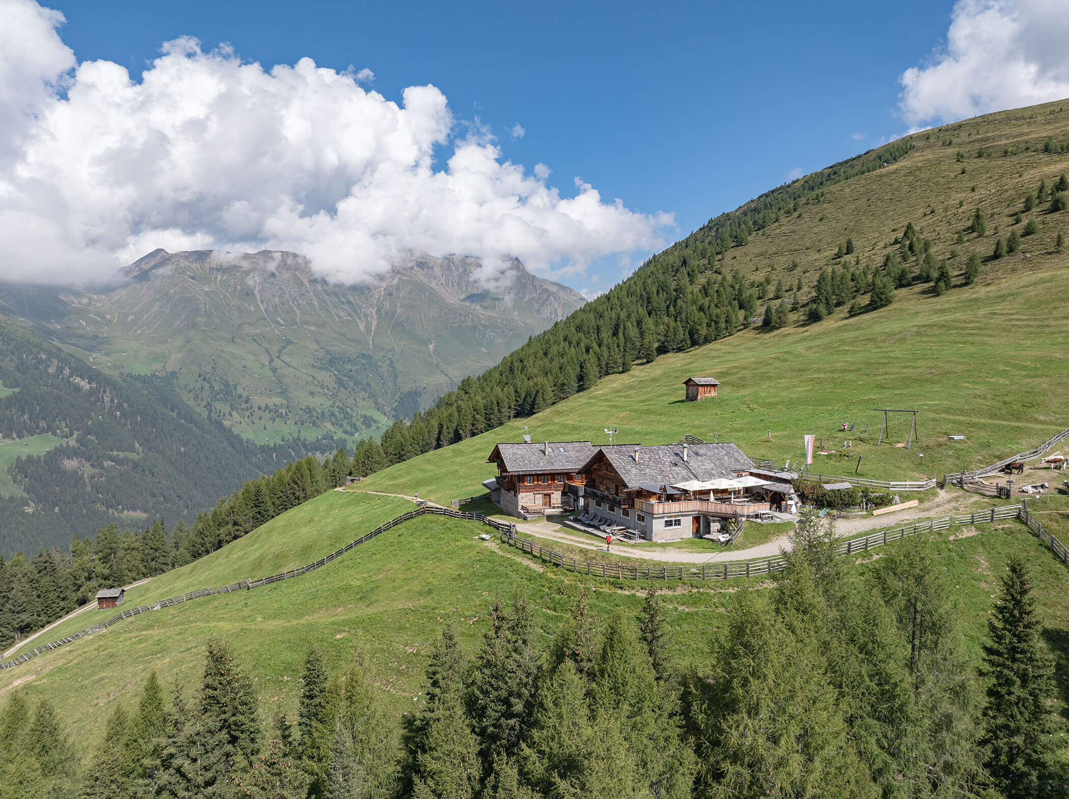 Alpines Bauernhaus auf einem grünen Hügel mit Bäumen und Bergen im Hintergrund unter blauem Himmel. - Hotel Magdalenahof